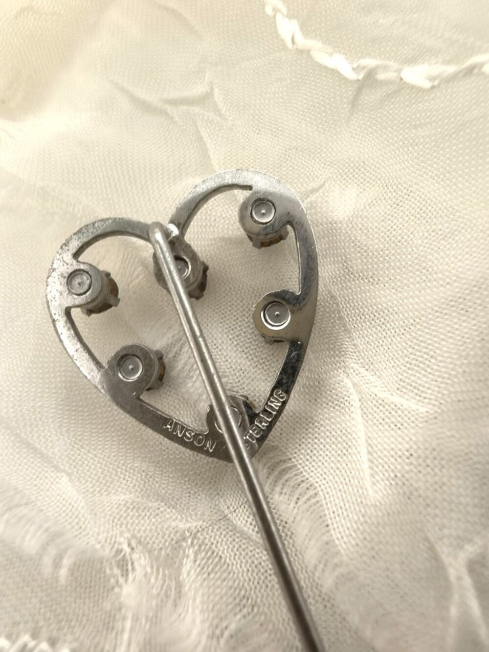 Vintage Anson Sterling Silver Heart Stick Pin With Multicolored Rhinestones - Picture 5 of 7